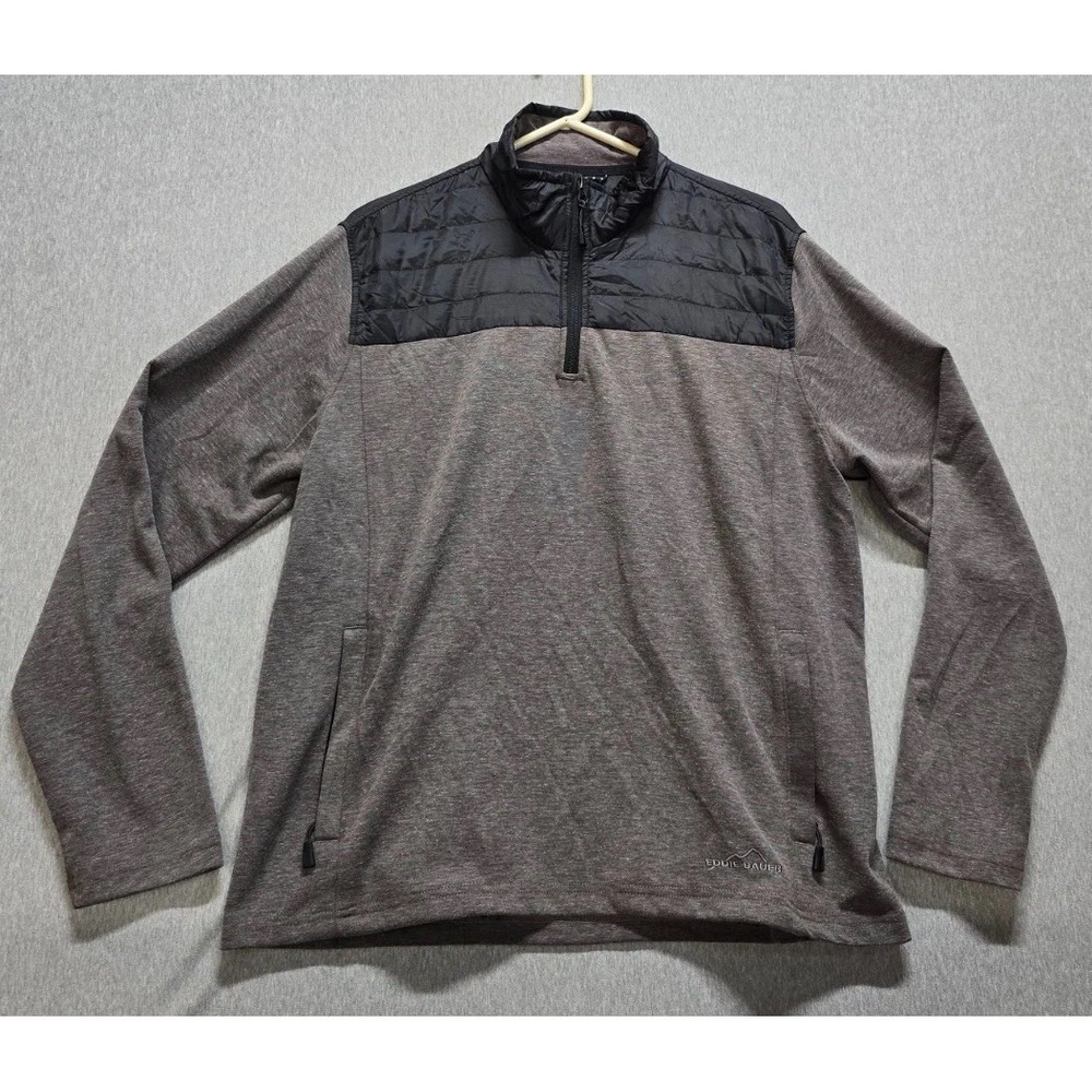 Eddie Bauer Sweatshirt Mens Large Gray Black Stretch Mixed Media 1/4 Zip Jacket